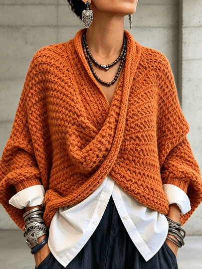 New Autumn-Winter Women's Clothing Featuring Stylish Twisted-Knit Batwing Sleeves And V-Neck, A Relaxed And Loose Knit Top.
