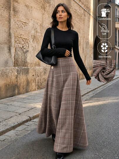 EARO Women's Vintage Plaid Long A-Line Skirt With Gold Buttons, Suitable For Autumn Wear
