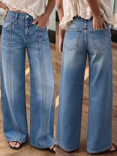 Women's Casual Washed Straight Leg Jeans, Stitching Detail Design, Slightly Stretchy Long Pants, Fashionable And Versatile