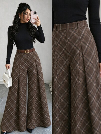 Elenzga Women's Solid Color Long Sleeve Top And Plaid Pants Casual Daily 2 Pieces Set