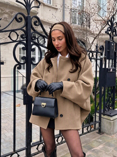 Versatile Solid Khaki Front Button Pocket Ribbed Women Jacket, With Pockets, Elegant & Versatile Fall