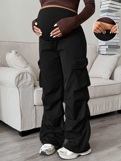 SHEIN Maternity Solid Color Adjustable Waist Pleated Loose Cargo Pants Autumn Going Out Work Baby Shower Tan Baggy Funny Boxy Fall