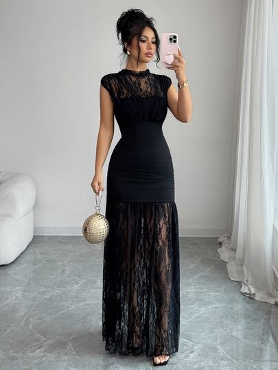 SHEIN PETITE Women's Contrast Lace Cap Sleeve Fitted Elegant Dress