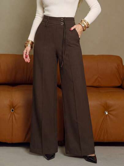 Women's Dark Brown Autumn Wide Leg Pants, Waist Double Button Drawstring Decor, Minimalist Office Commute Daily Long Pants