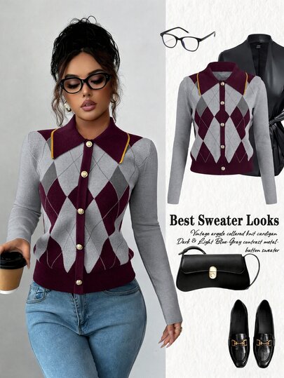 Elenzga Elegant Blue & White Argyle Pattern Turndown Collar Faux Placket Long Sleeve Knit Sweater, Suitable For Commuting And Everyday Wear, Autumn/Winter