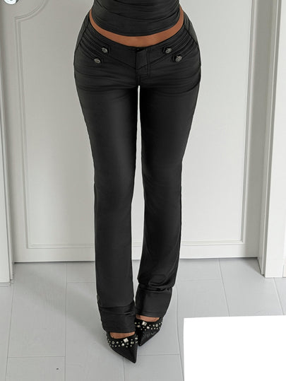 Jeanoix Y2K Low Waist Fashion Gothic Style Faux PU Coated Slim Straight Leg Pants