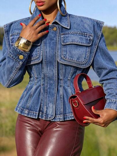 Women's Spring Fall Denim Jacket, Lapel Long Sleeve Zip Front, Fitted Peplum Hem Patch Pockets Cropped Coat, Casual Street Daily Outerwear