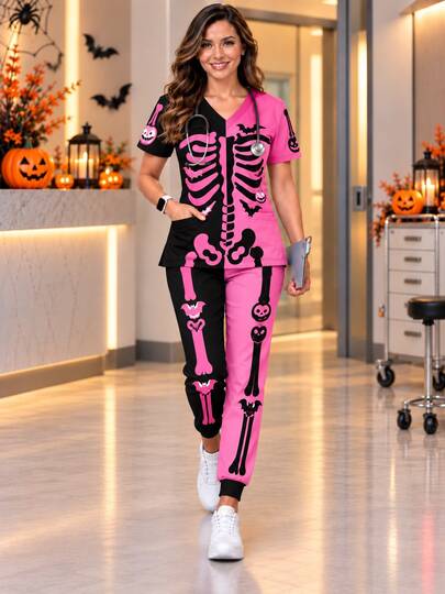 Fall Halloween Outfit Women's Pink & Black Skeleton Scrub Set, Bat Bone Graphic V-Neck Short Sleeve Top & Jogger Pants, 2PCS Nurse Workwear