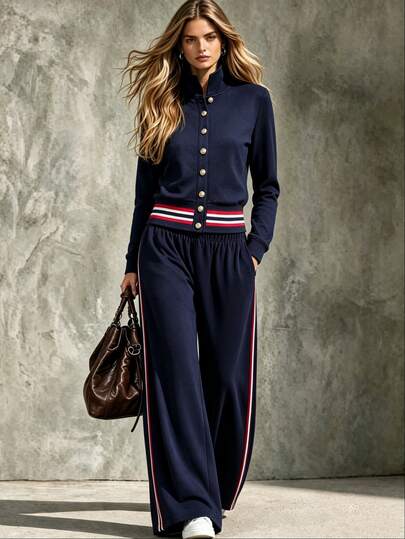 Trelyra Women's Single-Breasted Contrast Color Long Sleeve Top And Pants Casual Daily Set