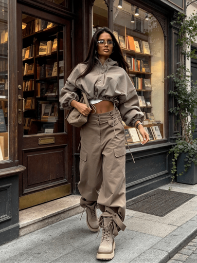 Women Solid Woven Outfit, Stand‑Collar Single‑Button Short Jacket High‑Waist Straight‑Leg Long Pants Set For Office Commute Brunch Daily Going‑Out