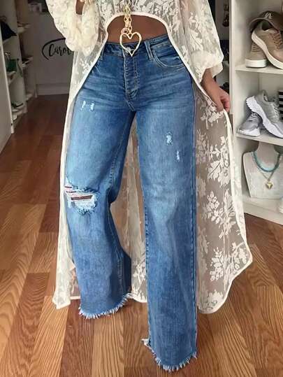 Light Wash Distressed High Waist Full Length Wide Leg Raw Hem Women's Jeans Casual Fall