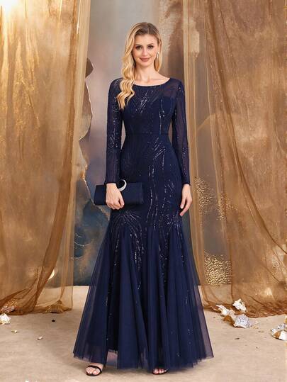 XUIBOL Elegant Women's Long Sleeve Round Neck Sequin Embroidered Mesh Mermaid Tail Dress, Fitted Party Evening Gown Suitable For Cocktail Party, Wedding, Anniversary, Formal Dinner, Birthday Celebration, Luxury Bride & Mother Dress