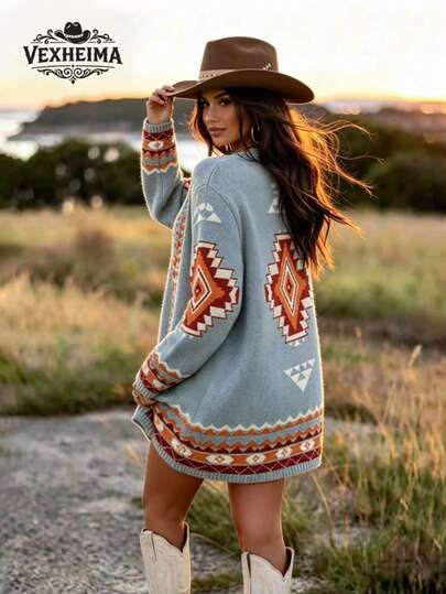 VEXHEIMA Women's Western Style Fashion Vintage Jacquard V-Neck Long Sleeve Button Front Loose Long Cardigan