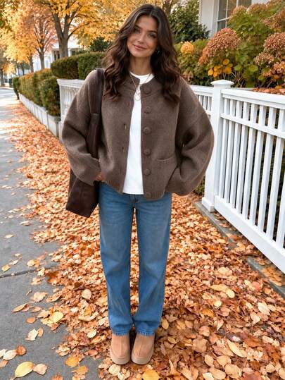 Women's Brown Y2K Style Solid Color Round Neck Single Button Long Sleeve Knit Sweater, Elegant Casual Daily Spring Autumn Winter Top Fall