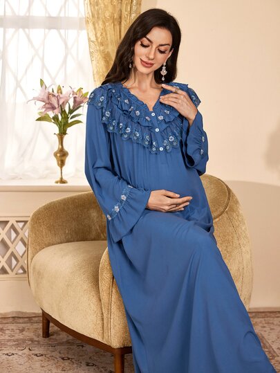 PalaceNights Royal Style Heavy Embroidery Ruffle Trim Patchwork V-Neck Long Sleeve Loose Maternity Nightgown, Long Length Wearable Out