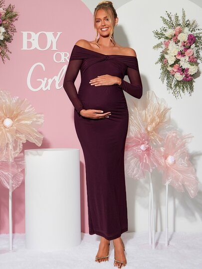 Loomaby Maternity One-Shoulder Mesh Patchwork Casual Party Dress Dress Gender Reveal Dress Maternity Dress Baby Shower Dress