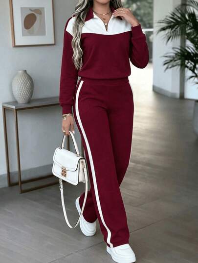 LUNNELUX Women Fall Wine Red Color Block 2 Pieces Outfits, Half Zip Collar Long Sleeve Top & Side Stripe Wide Leg Pants Set, Casual Daily Tracksuit