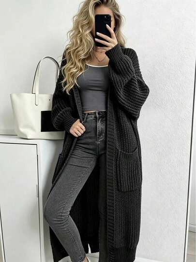Solid Color Loose Knit Cardigan, Casual Long Sleeve Long Sweater With Pockets, Women Clothing, Long Sleeve Top Black Fall
