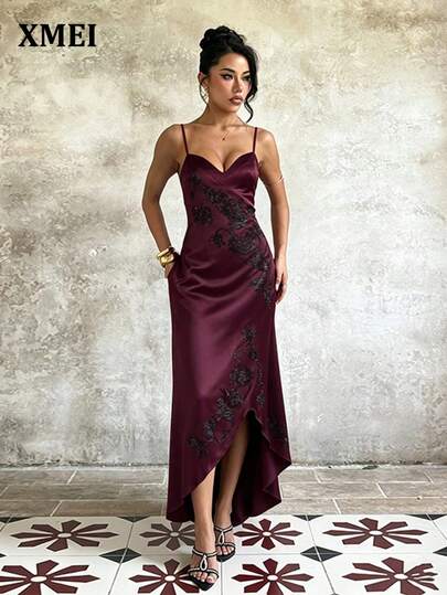 Sexy Burgundy Fitted Maxi Dress With Exquisite Fringe And Chic Asymmetric Hem, Ideal For Prom Night Elegant Summer