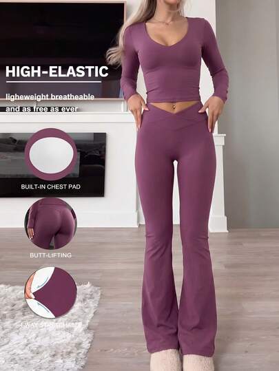 NOIRLYN Winter Women's Sports Yoga Two Pieces Outfit, Sexy V Neck Long Sleeve Top With Built-In Chest Pads And High Waist Flare Pants Set For Gym