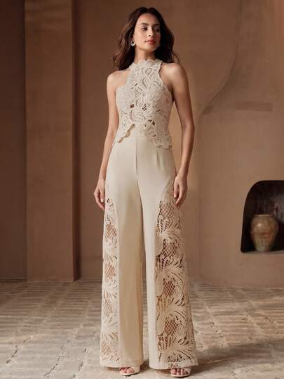 Anewsta Elegant Lace Trim Wide Leg Pants, Apricot Color, Hollow Out Design, High-End Loose Fit Slimming Trousers For Women, Spring/Summer
