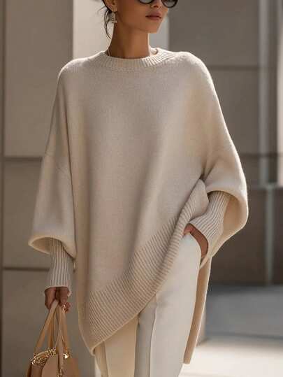 RosyDaze Women's Round-Neck Wool Knitted Loose-Fitting Casual Elegant Versatile Non-Repeating Hem Sweater, Khaki Color Sweater, Pullover Wool Sweater, Women's Sweater, Casual Sweater, Fashionable And Casual Versatile Sweate