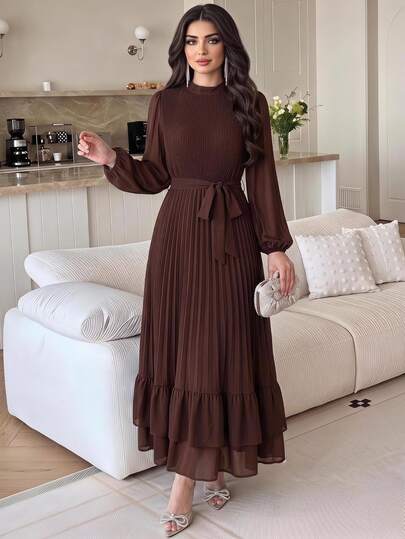 Feyla Women's Elegant Modest Fashion Pleated Multi-Layer Ruffle Hem Dress Commuter, Fall Women Fall Dinner Brunch Dark Brown