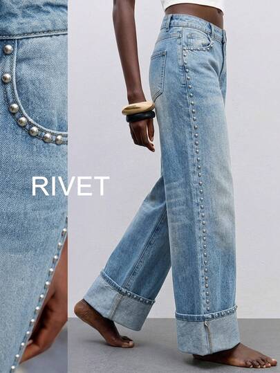 Maija Women's Casual Streetwear Washed Beaded Decor Straight Leg Jeans Jeans For Women Night Out Light Blue Autumn