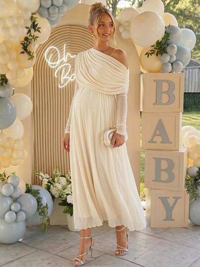 Loomaby Maternity Solid Color Ruched Asymmetrical Shoulder Long Sleeve Elegant Chic Dress Gender Reveal Baby Shower Autumn Wedding White