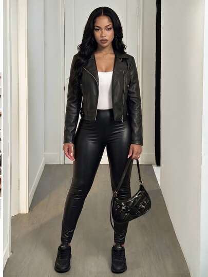 BamGleam Zip Up PU Leather Moto Jacket Fall Winter Cloth For Women