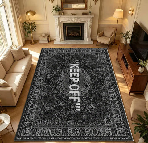 "Keep Off" Vintage Black Persian Area Rug Trendy Designer Non Slip Washable Floor Carpet Living Room Bedroom Home Decor