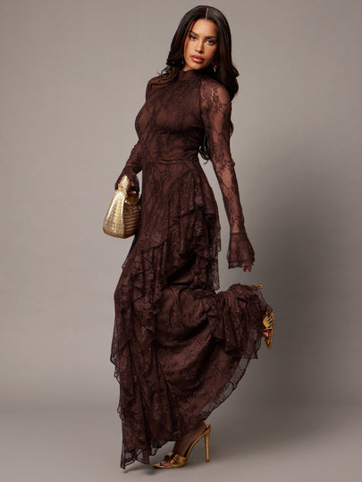 Silquee Elegant Brown Lace Long-Sleeve Slim-Fit Dress For Women (Autumn/Winter) Featuring A Tiered Ruffled Hem-Suitable For Banquets And Parties.