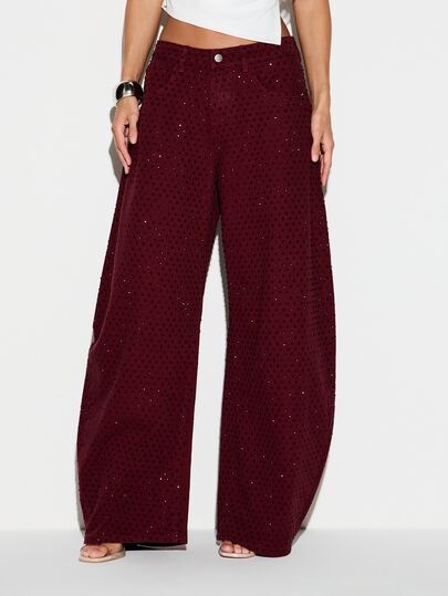KIZN Burgundy Wide Leg Jeans With Allover Rhinestone And Polka Dot Embellishment Full Length Mid Rise Sparkle Denim Pants Holiday Party