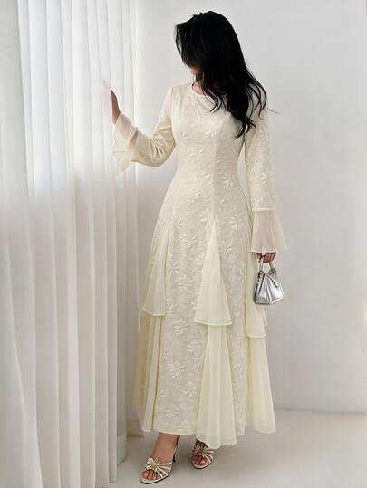 Yasveil Spring And Autumn Rice White Jacquard Splicing Chiffon Round Neck Trumpet Sleeve Waist Skirt, Back To School Season Ruffle Edge Dress