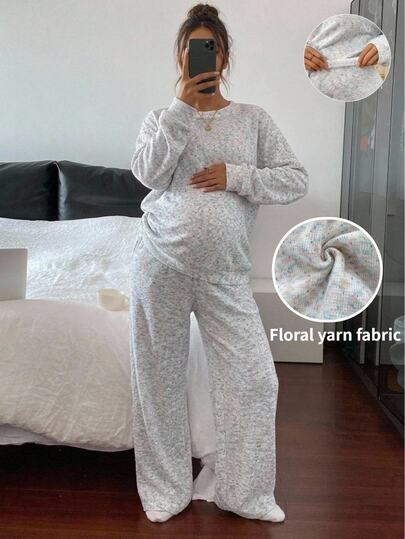 SHEIN Maternity Fall Casual Loose Fit Top Pants 2 Pieces Set White Faux-Fur-Effect Knit Expectant Mothers Photoshoot Formal Lounge