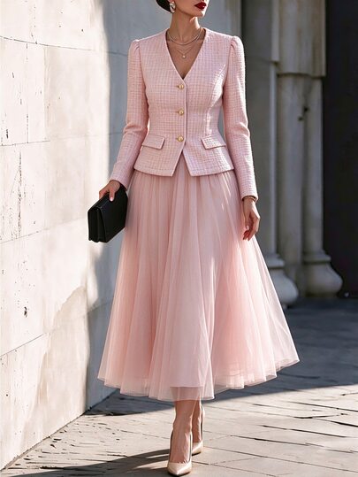 Balvessa Women's V-Neck Metal Single-Breasted Long Sleeve Jacket And Mesh Skirt Elegant 2 Pieces Set