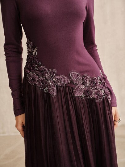 Anewsta Fall/Winter New Elegant Party Dinner Evening Purple Dress, Solid Dark Purple Vintage Knit Shiny Fabric Patchwork, 3D Floral Round Neck Long Dress