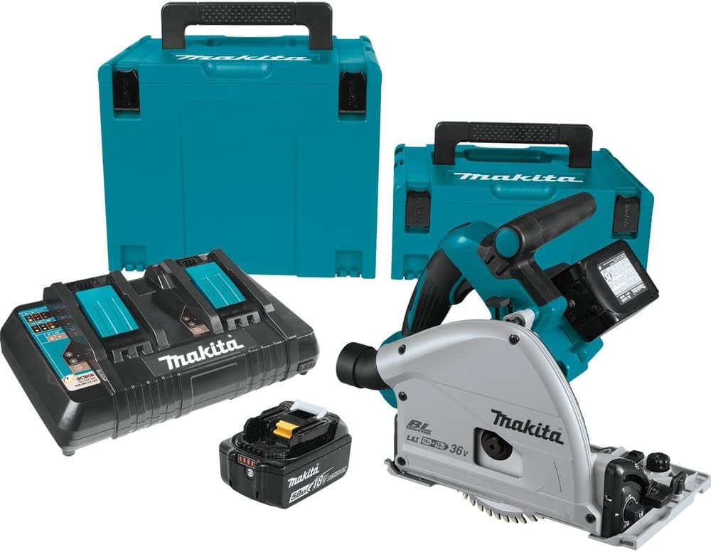 Makita XPS01PTJ 18-Volt X2 LXT Lithium-Ion (36V) Brushless Cordless 6-1/2 inch Plunge Circular Saw Kit (5.0Ah) with 199140-0 39 inch Guide Rail(Sold separately)