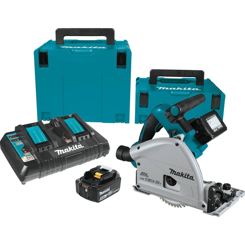 Makita XPS01PTJ 18-Volt X2 LXT Lithium-Ion (36V) Brushless Cordless 6-1/2 inch Plunge Circular Saw Kit (5.0Ah) with 199140-0 39 inch Guide Rail(Sold separately)