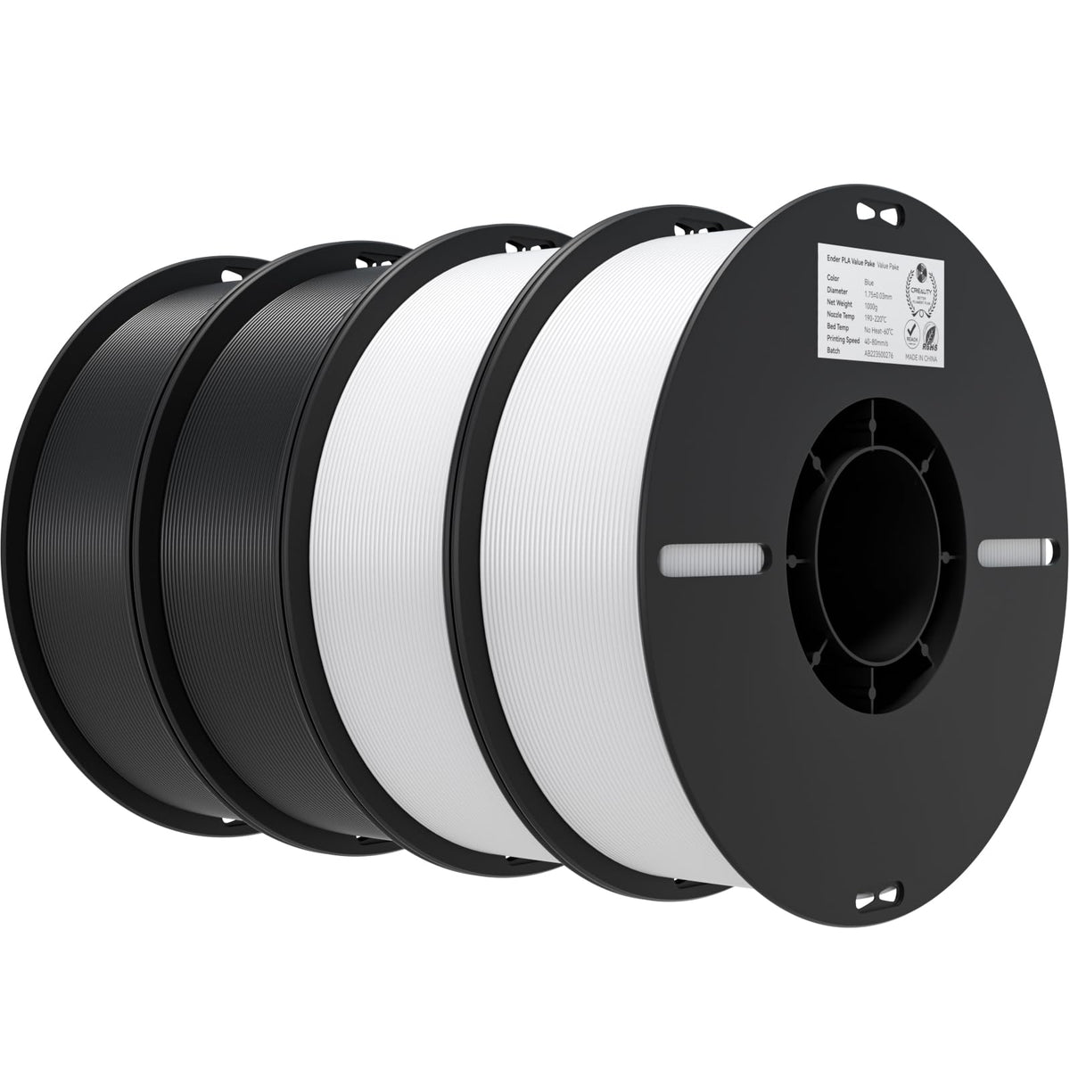 Creality 3D Printer Filament 1.75mm 4KG, PLA Filament Bulk +/- 0.02mm, 4 Pack 1kg Spool(2.2lbs) 3D Printing Filament Fits for Most FDM 3D Printers, Black White Blue Red