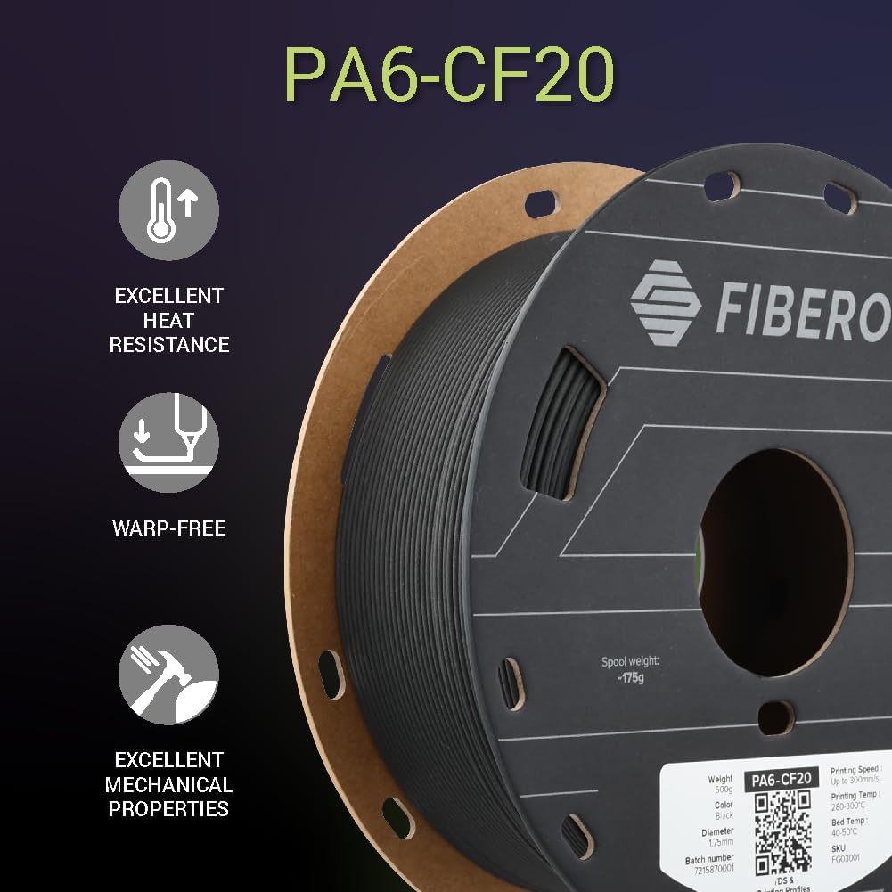 Polymaker Fiberon PA6-CF20 Carbon Fiber Nylon Filament 1.75mm Black 0.5kg, Fiberon PA6-CF20 Nylon Warp Free 1.75mm 3D Printing Filament