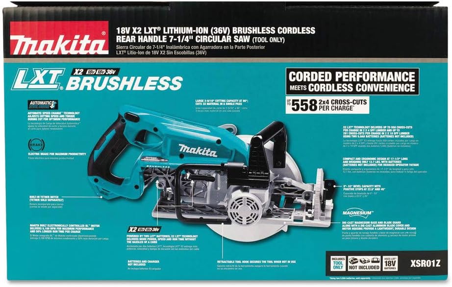 Makita XSR01Z 36V (18V X2) LXT® Brushless Rear Handle 7-1/4" Circular Saw, Tool Only