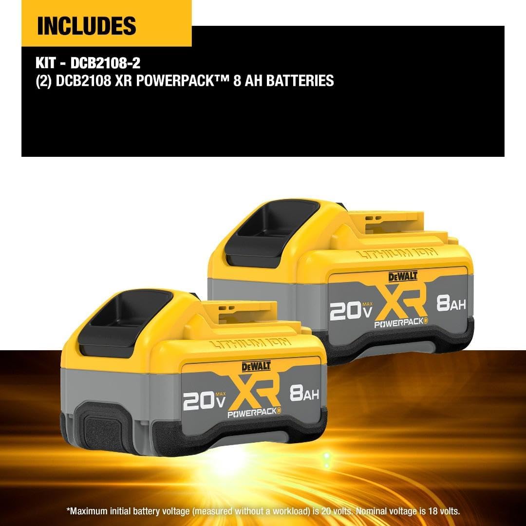 DEWALT 20V MAX XR 8Ah POWERPACK Lithium Ion Battery, 2-Pack (DCB2108-2)