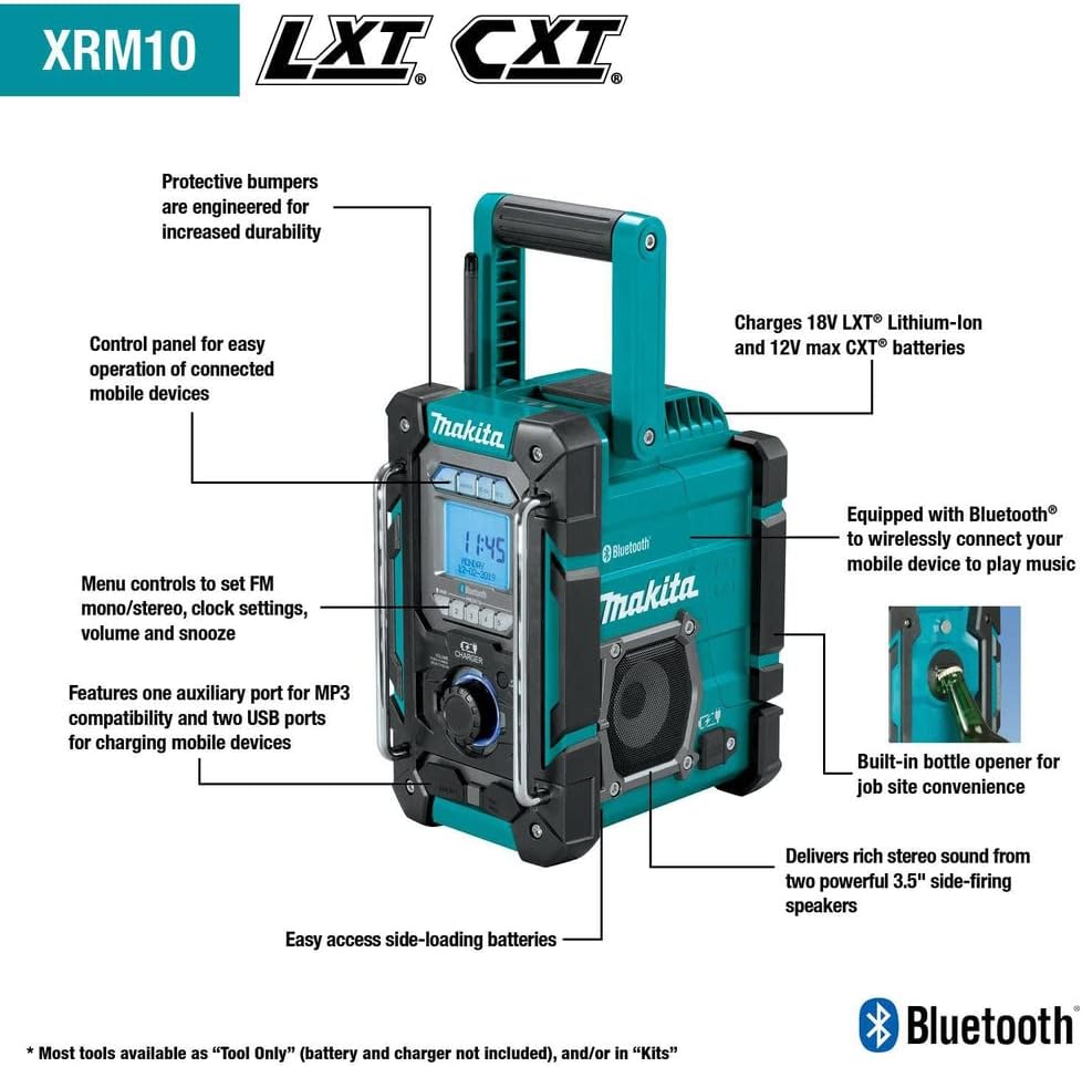 Makita XRM10 18V LXT® / 12V max CXT® Lithium-Ion Cordless Bluetooth® Job Site Charger/Radio, Tool Only