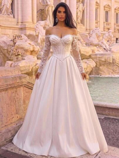 Glamrae Elegant Luxury Embroidered Faux Pearl Decorated Off-Shoulder Dress For Ball, Wedding
