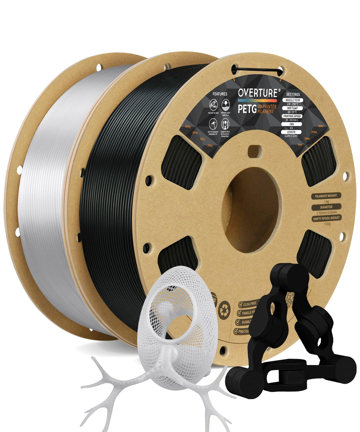 OVERTURE 4KG Bundle PETG 3D Printer Filament 1.75mm, Neatly Wound Durable PETG 4 Pack 1kg(2.2lbs), Strong Toughness Filament, Dimensional Accuracy +/- 0.02mm, Fit Most FDM Printers (Black (4-Pack)