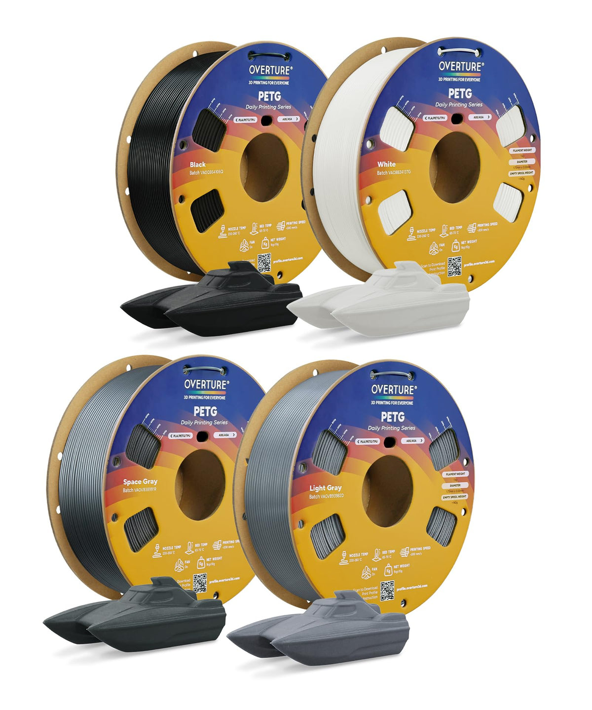 OVERTURE 4KG Bundle PETG 3D Printer Filament 1.75mm, Neatly Wound Durable PETG 4 Pack 1kg(2.2lbs), Strong Toughness Filament, Dimensional Accuracy +/- 0.02mm, Fit Most FDM Printers (Black (4-Pack)
