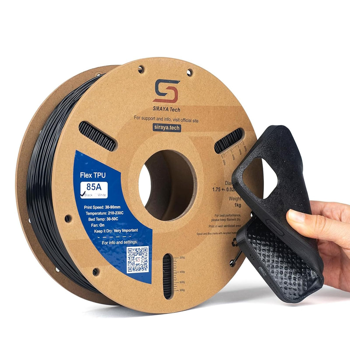 Siraya Tech Rebound PEBA 95A Flexible Filament, The Super TPU | 78% Energy Return & 20% Lighter | Nylon-Based Strength for Sports & Robotics | 1.75mm 3D Printer Filament (Black, 800g)