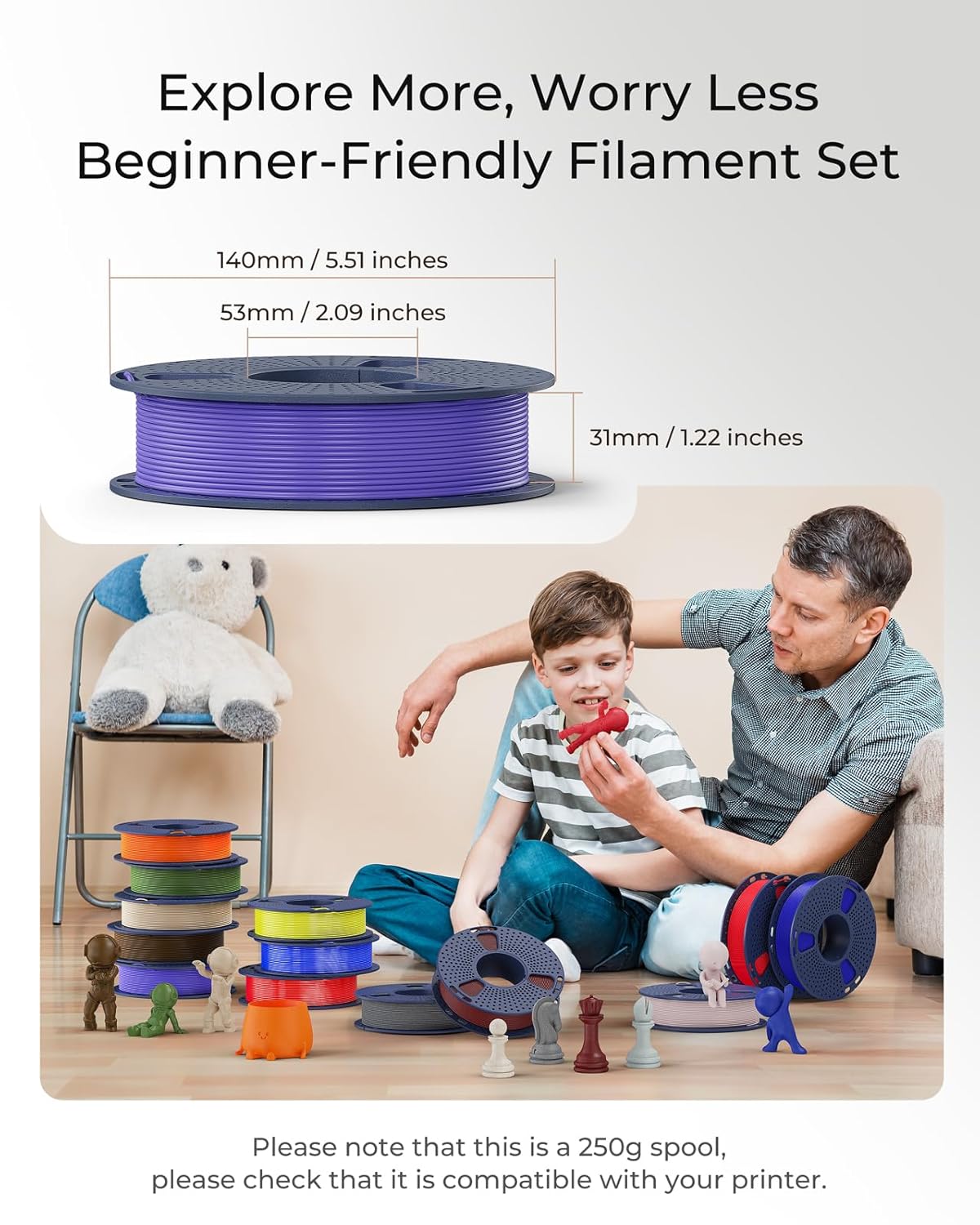 250g PLA Filament 1.75mm Bundle, SUNLU 3D Printer Filament Neatly Wound, Individually Vacuum Packed, 250g Spool, 8 Rolls, White+Red+Orange+Yellow+Green+Blue+Cyan+Purple