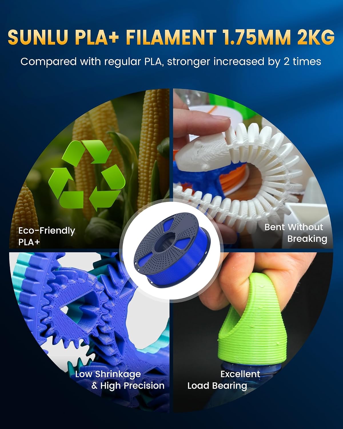 SUNLU PLA+2.0 3D Printer Filament Bundle, 4KG Upgrade PLA+ Filament 1.75mm, Tougher and Stronger, Dimensional Accuracy +/-0.02mm, 1KG per Spool, 4 Packs, 4KG Total, Black+White+Klein Blue+Red